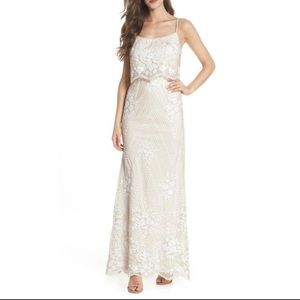 Adrianna Papell BHLDN Arden Women's 4 Formal Maxi Dress Wedding Beige Sequin